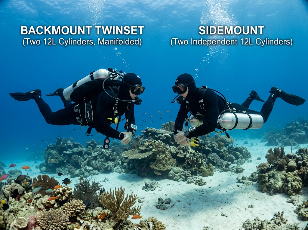 Vergleich Backmount-Twinset und Sidemount-Flaschenkonfiguration
