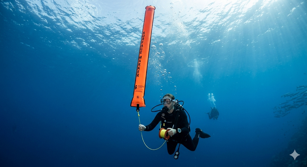 Diver deploying orange SMB surface marker buoy underwater