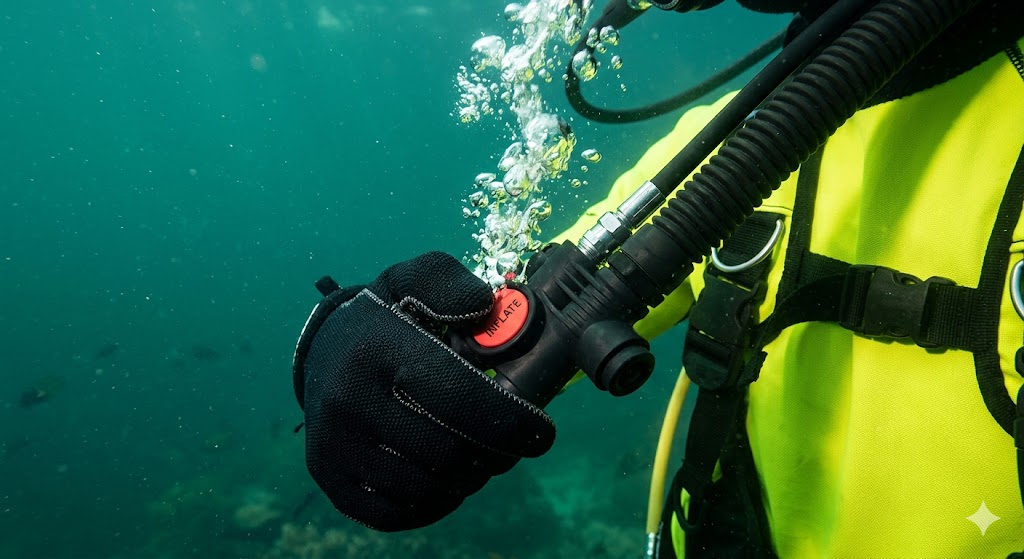 Scuba diver pressing BCD inflator button underwater to adjust buoyancy