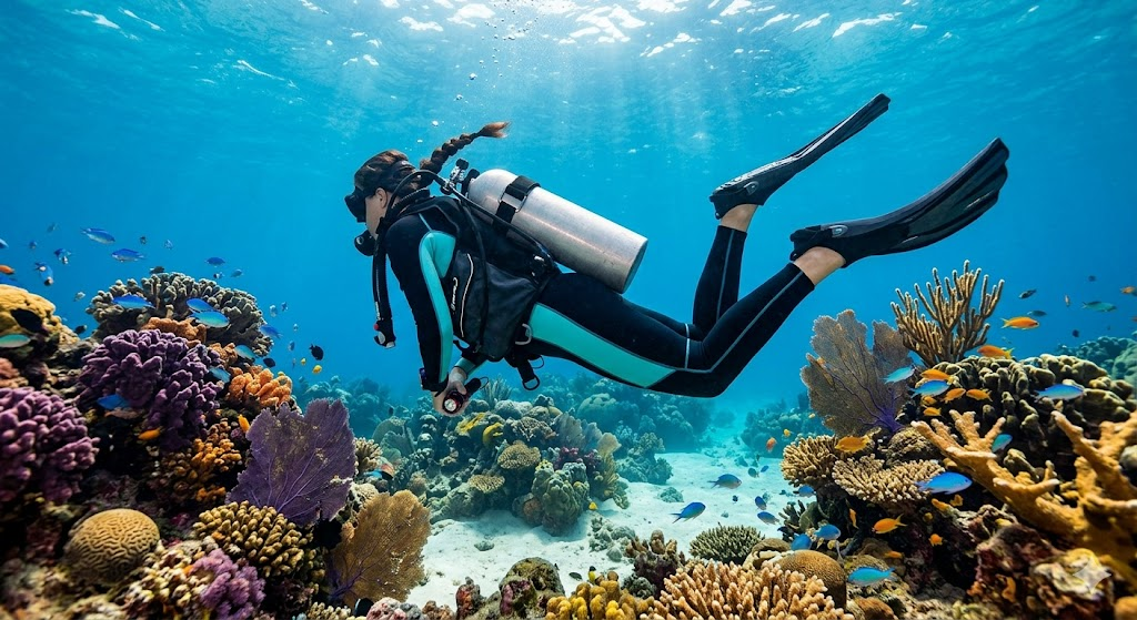 Scuba diver performing a frog kick in perfect horizontal trim above coral reef