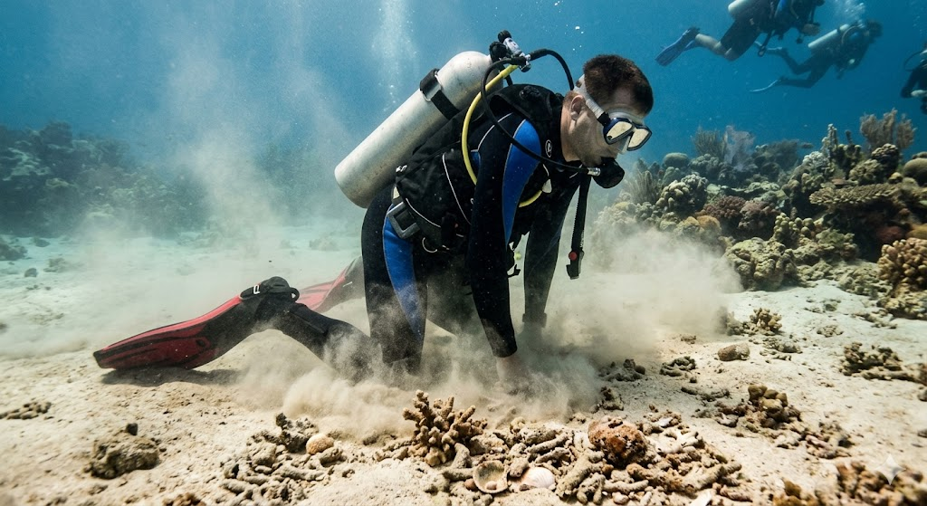 Overweighted scuba diver kneeling on sandy seabed, classic buoyancy mistake