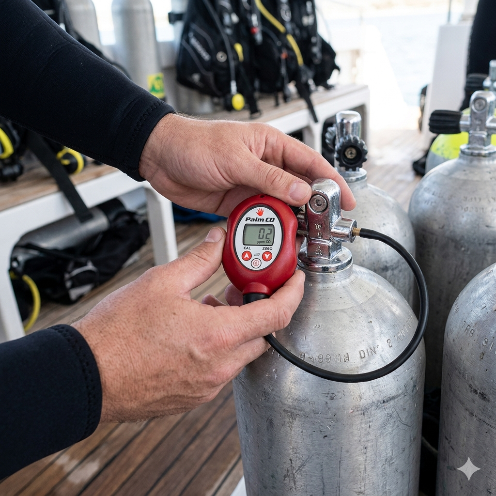 Portable CO gas analyser being tested against a scuba cylinder valve