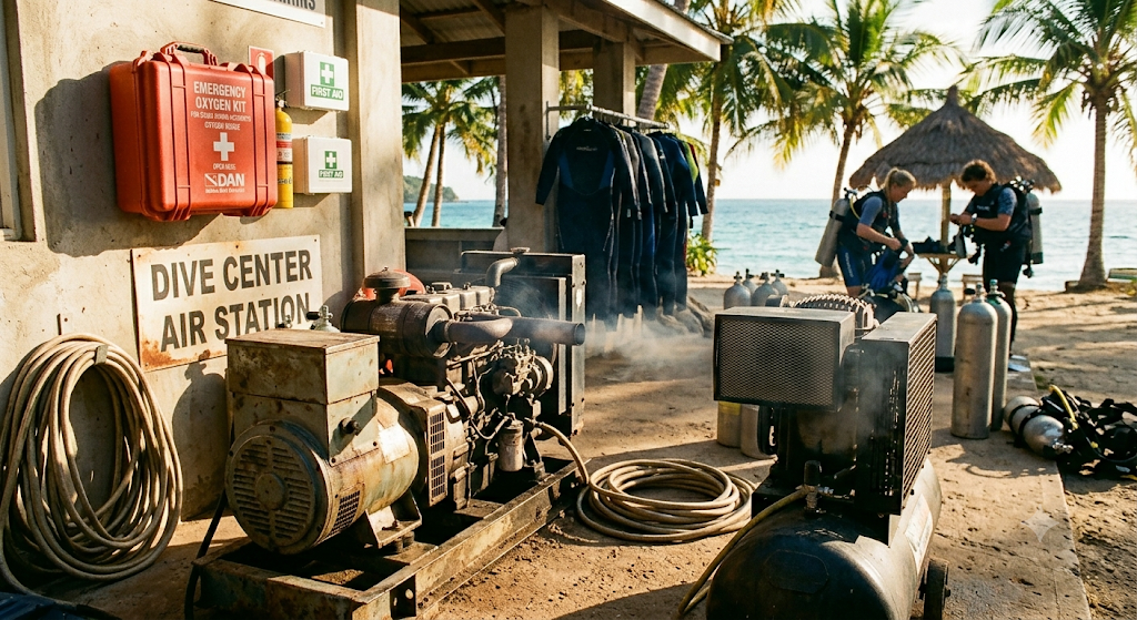 Diesel generator positioned dangerously close to scuba air compressor at a dive center
