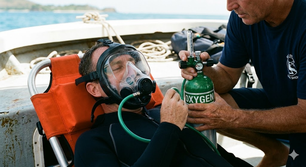 Plongeur recevant de l'oxygène d'urgence via un masque à non-réinhalation sur un bateau de plongée