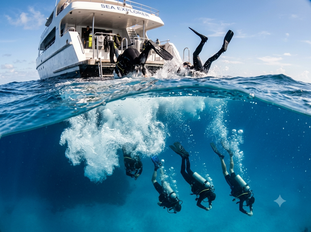 Taucher führen Negativ-Einstieg vom Tauchboot aus, tauchen sofort unter die Oberfläche in moderater Strömung ab