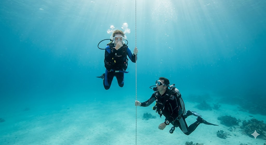 Two scuba divers on descent rope, one pausing to equalize