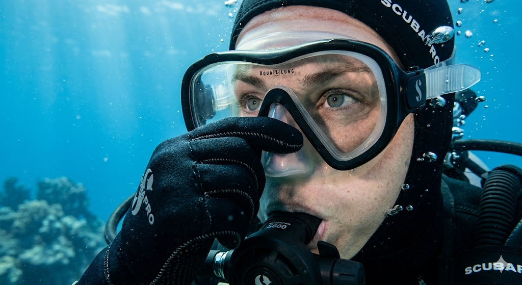 Scuba diver pinching nose through mask to perform Valsalva equalization