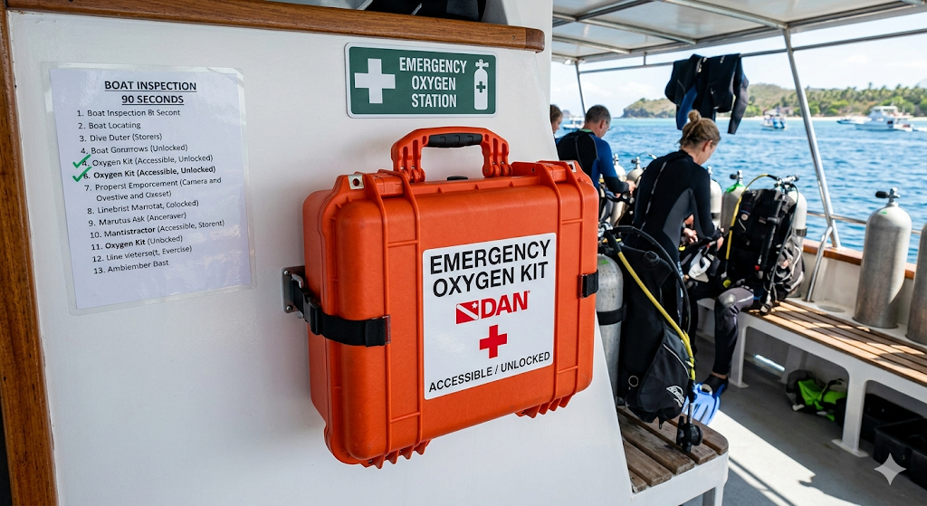 Emergency oxygen kit stored on dive boat