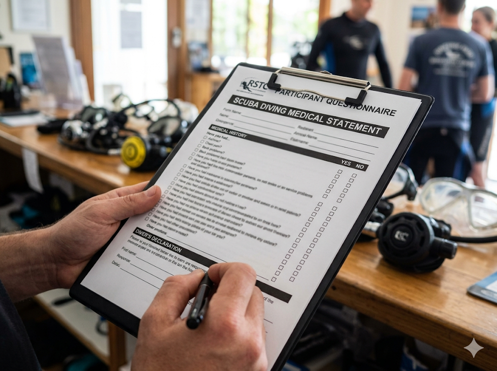 Taucherin prüft RSTC-Medizinfragebogen mit Instructor vor Freiwasserkurs