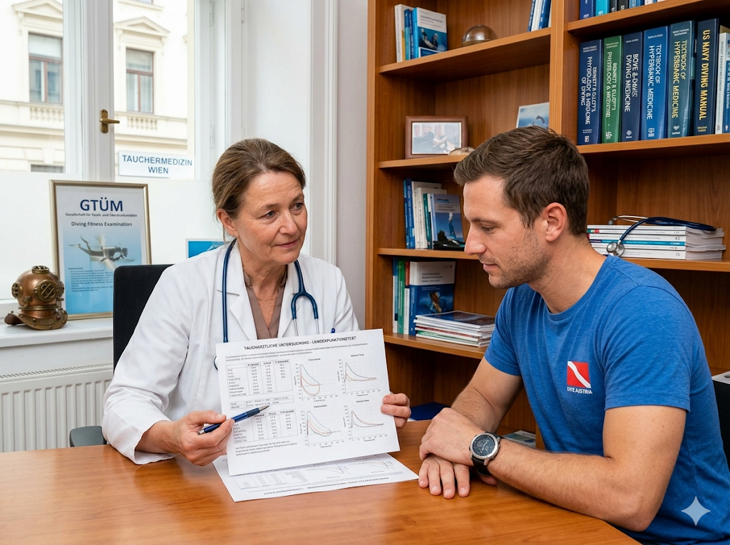Tauchmediziner bespricht Spirometrie-Ergebnisse mit Taucher