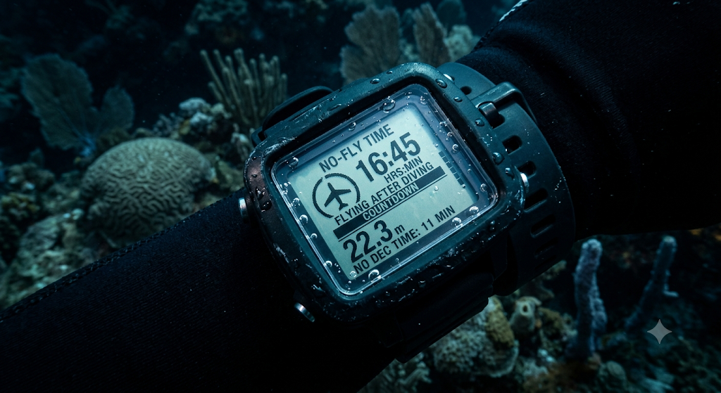 Scuba dive computer on diver's wrist showing no-fly time countdown