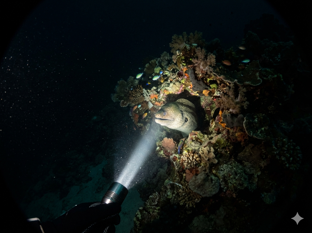 Nachttauchszenario unter Wasser, beleuchtet vom Lichtkegel einer einzelnen Taucherlampe mit Koralle und Muräne
