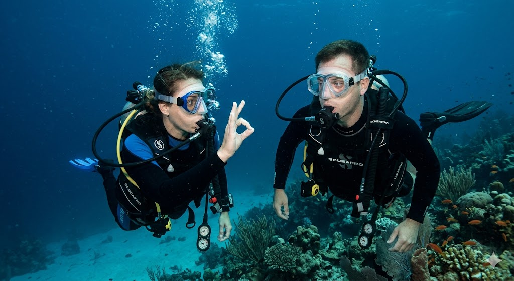 Plongeur donnant le signal OK à son binôme sous l'eau, vérifiant la conscience de narcose