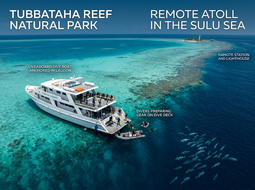 Liveaboard-Tauchboot vor Anker am Tubbataha Reef, Taucher bereiten Ausrüstung vor
