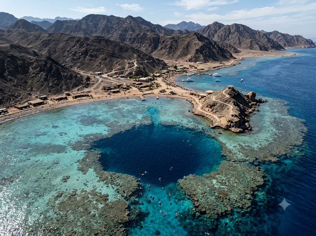 Luftaufnahme des Dahab Blue Hole mit Ufereinstieg und Riffwand