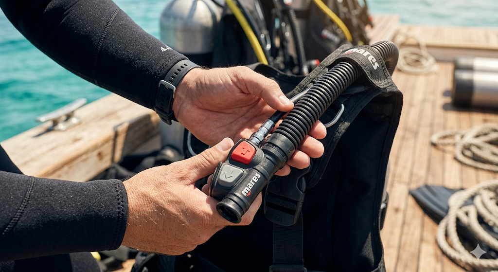 Close-up of BCD corrugated inflator hose during leak check