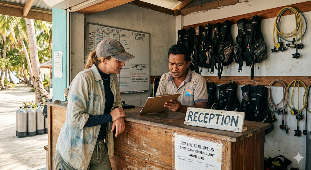 Diver asking questions to staff at a tropical dive center reception desk