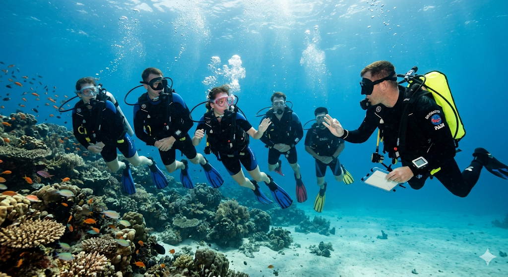 Divemaster watching group of divers underwater