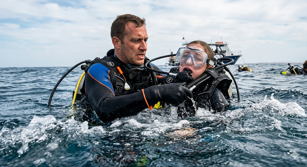 Diver assisting panicking diver at surface