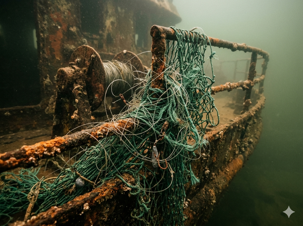 Fischernetz und Angelschnur an Schiffswrack-Struktur, Gefahr für Taucher
